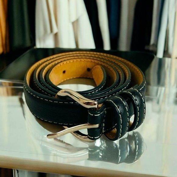 Unisex Belt TALBOTS Black White Seam Genuine Leather Belt Silver Buckle Belt - Picture 1 of 5